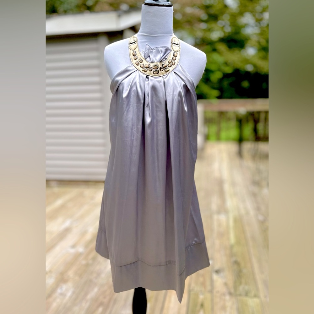 SILVER UNO CORE SATIN W/STONES TIE NECK HALTER DRESS-M